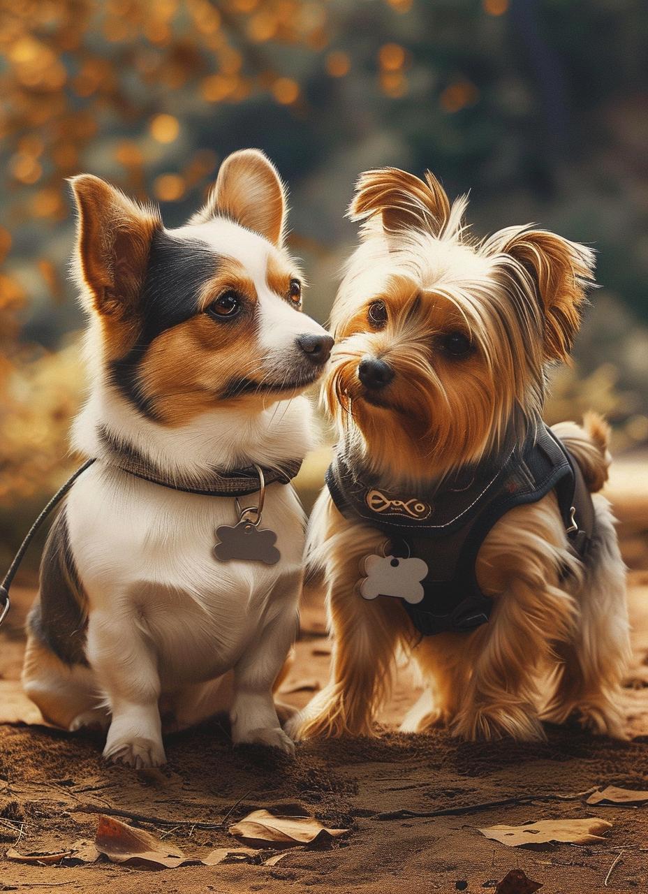 Zwei Hunde stehen sorglos nebeneinander. Beide Hunde haben ein kleines Infoschild mit Namen und Adresse um den Hals, damit sie bei einem Verschwinden sicher von dem Finder zu ihren Besitzern zurückgebracht werden können.